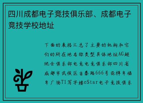 四川成都电子竞技俱乐部、成都电子竞技学校地址